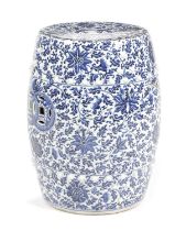 A CHINESE PORCELAIN BLUE AND WHITE GARDEN SEAT 19TH CENTURY of barrel form, with pierced and moulded