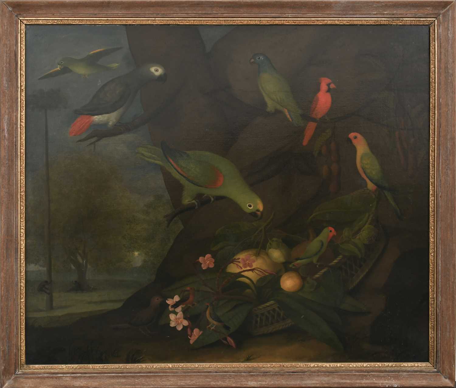 DUTCH-COLONIAL SCHOOL 18TH CENTURY Exotic birds, fruit, flowers and nuts in a landscape with a man