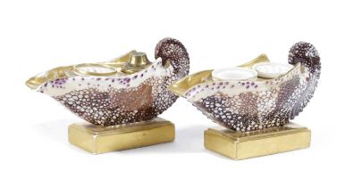 A PAIR OF PARIS PORCELAIN SHELL-SHAPED INKWELLS 19TH CENTURY each formed as a nautilus shell