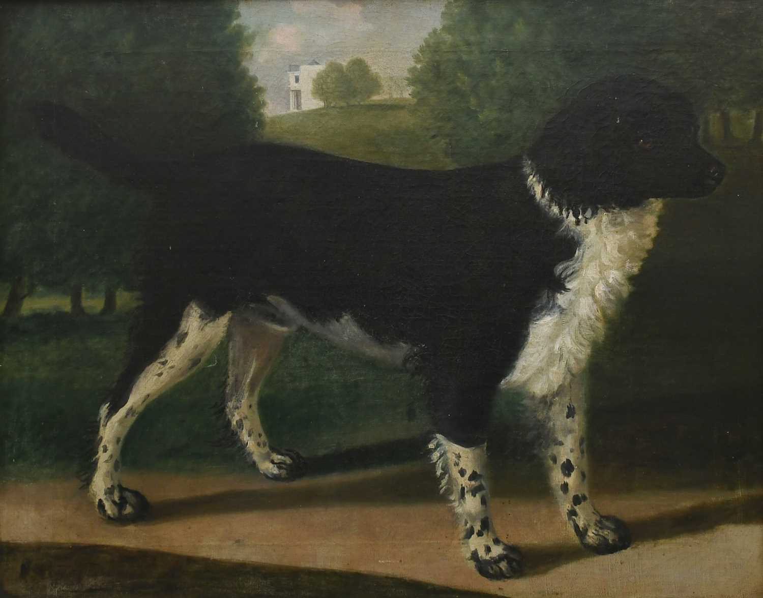 ENGLISH SCHOOL EARLY 19TH CENTURY Portrait of a spaniel standing in a park with a country house - Image 3 of 4