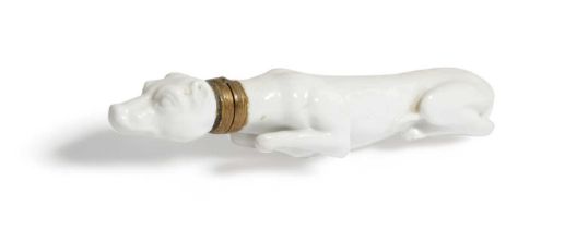 A SAMSON PORCELAIN GREYHOUND SCENT BOTTLE LATE 19TH CENTURY left in the white and modelled as a