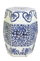 A CHINESE PORCELAIN BLUE AND WHITE GARDEN SEAT 19TH CENTURY of hexagonal barrel form, with pierced