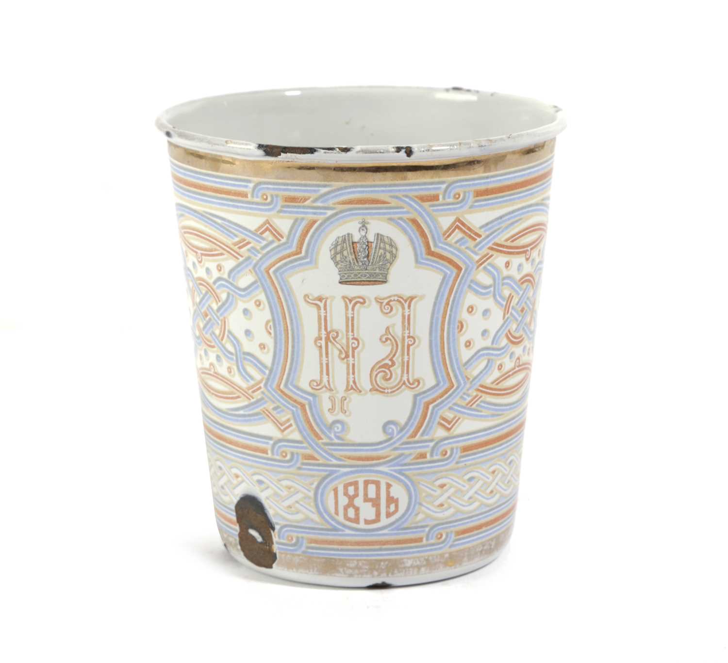 A RUSSIAN ENAMEL KHODYNKA BEAKER OR 'CUP OF SORROWS' LATE 19TH CENTURY, DATED '1896' produced to