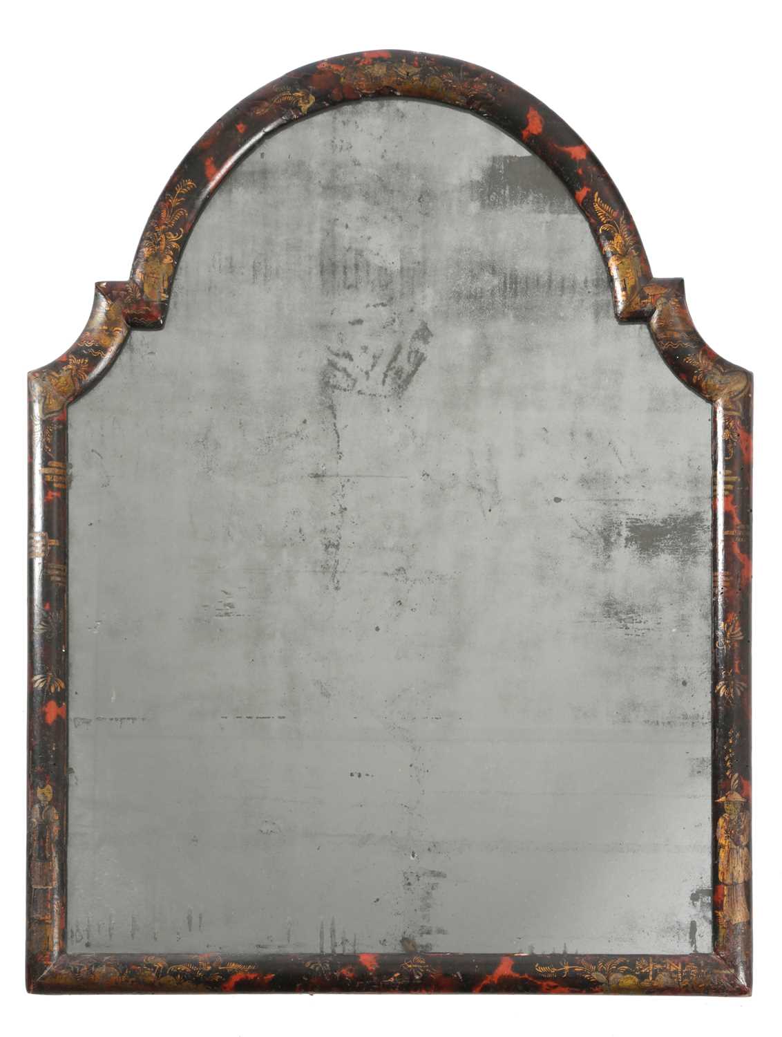 A GEORGE I JAPANNED FAUX TORTOISESHELL MIRROR EARLY 18TH CENTURY the arched plate in a moulded frame