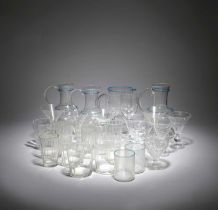 THREE ITALIAN GLASS EWERS VENETIAN, 20TH CENTURY of bottle vase form with a spreading foot, with