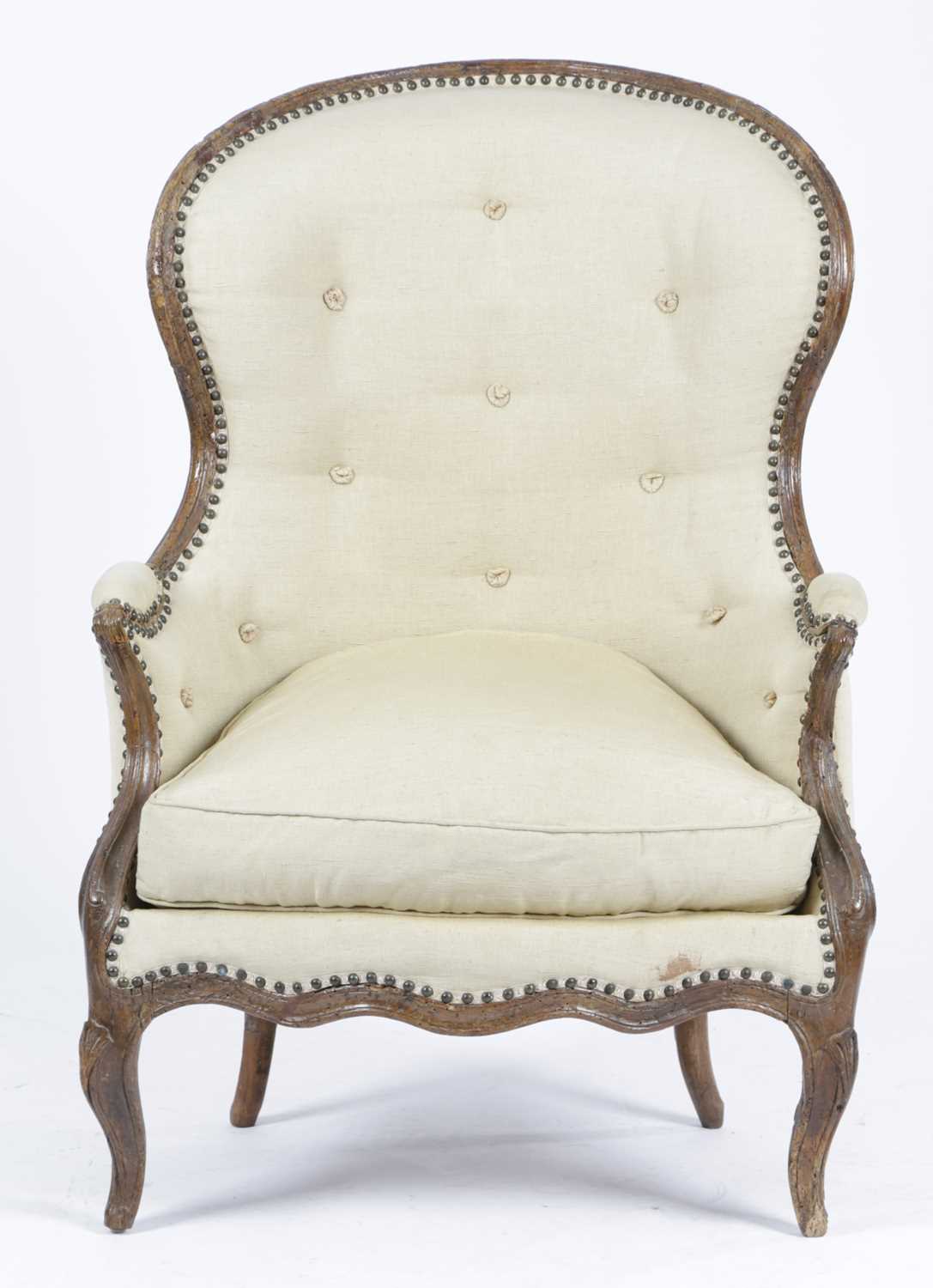 AN ITALIAN WALNUT BERGÈRE 18TH CENTURY with later brass studded upholstery, the moulded frame on - Image 2 of 2