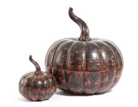 A LARGE SOUTH-EAST ASIAN PAINTED LACQUER PAPIER-MACHE PUMPKIN STORAGE BOX BURMA, 19TH CENTURY with