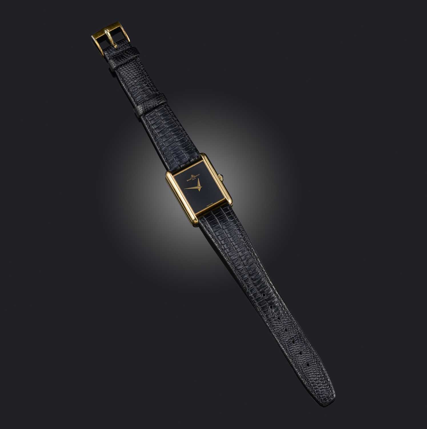 Baume & Mercier, a lady's gold 'Tank'-style wristwatch, ref. 37077, rectangular plain black dial
