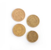 Four gold coins, 19th century, comprising: a Victorian sovereign dated 1895; a Victorian half