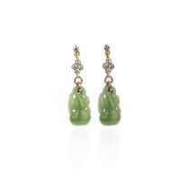 A pair of jadeite and diamond earrings, each suspending a double gourd in carved jadeite, from a