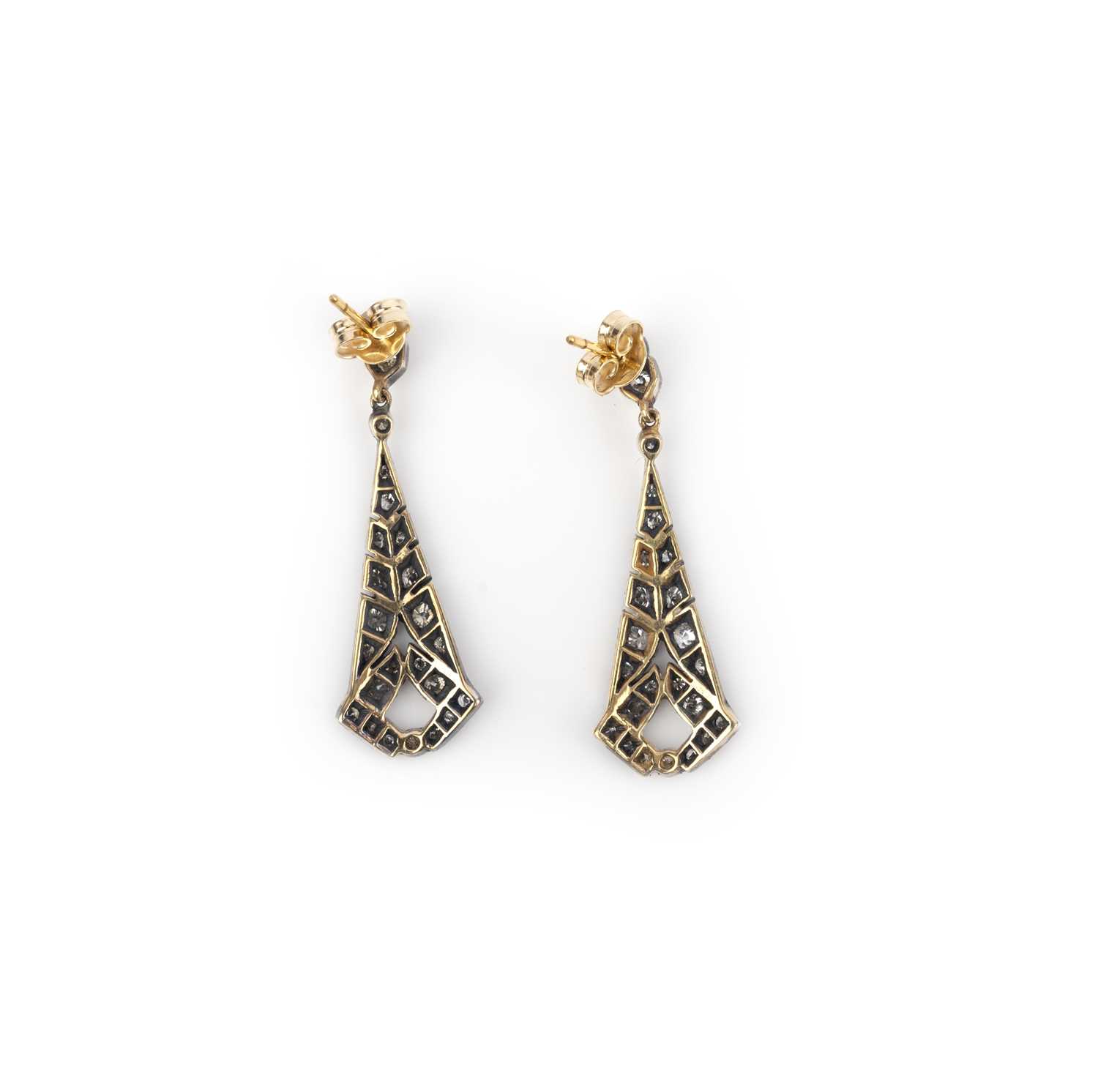 A pair of diamond earrings, each suspending a tapering drop, set with brilliant-cut diamonds - Image 2 of 2