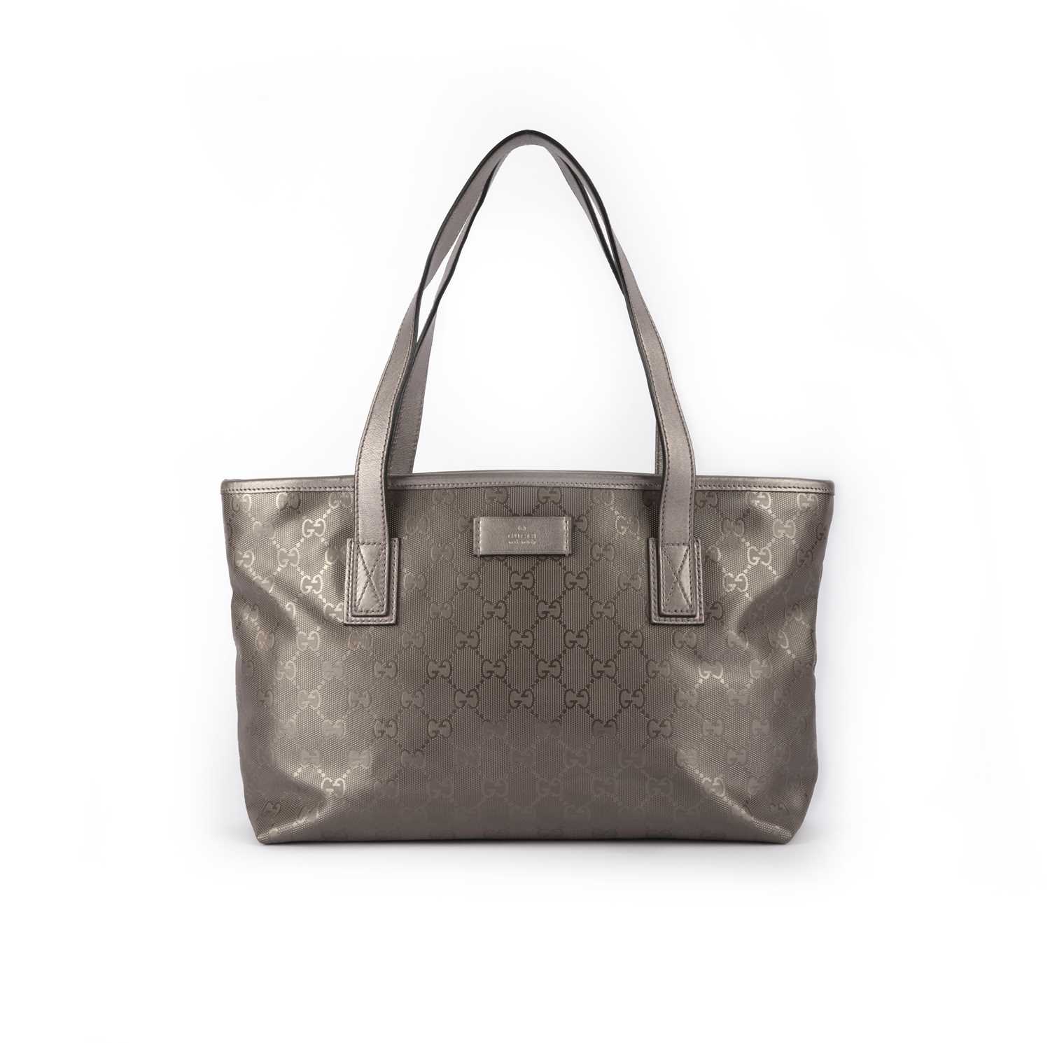 Gucci, a small metallic pinkish/grey GG Imprime tote 37cm wide, 21cm high, 7.5cm handle drop