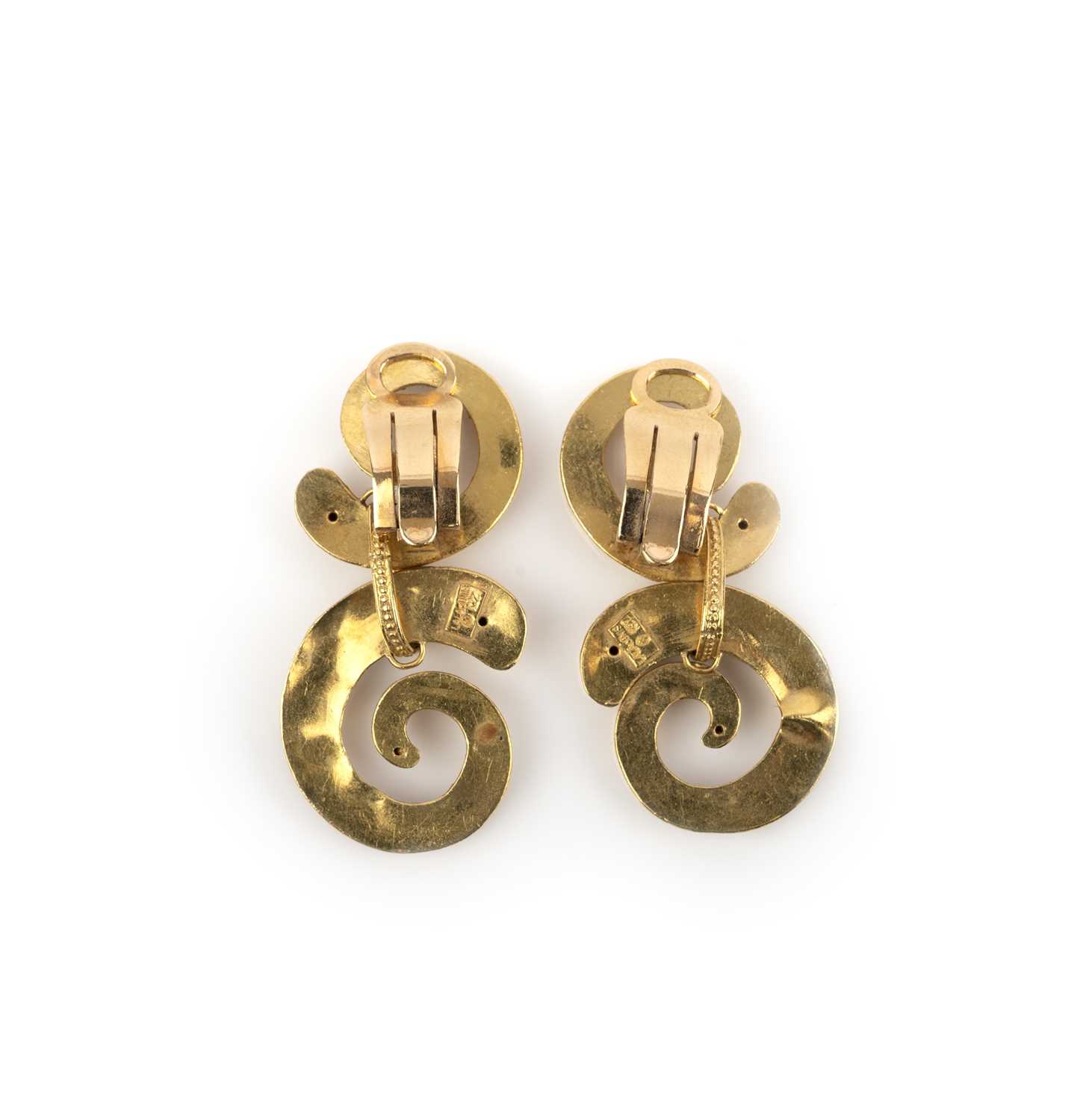 Lalaounis, a pair of gold scroll earrings, with ropetwist and pellet decoration to the two connected - Image 2 of 2