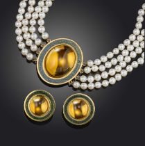 Simon Benney, a citrine and cultured pearl demi parure, comprising a four-row cultured pearl