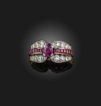 No reserve - Mellerio dits Meller, a Retro ruby and diamond ring, 1930s, set with an oval ruby, to a