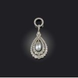 An early 20th century natural pearl and diamond pendant, the pearl drop suspended within borders