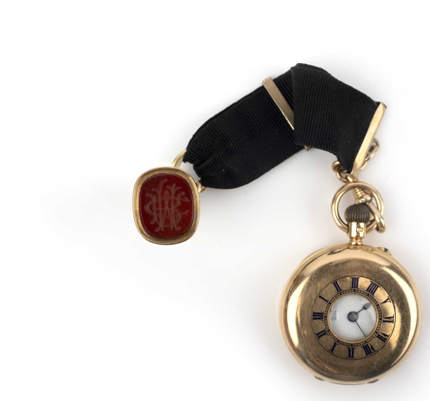 An 18ct gold half hunting cased fob watch, Given Brothers, signed white enamel dial and 3/4 plate - Image 5 of 5