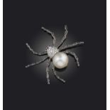 E. Wolfe & Co, a gem-set spider brooch, the abdomen formed from a cultured pearl, with diamond-set