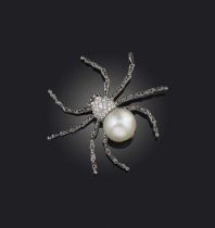 E. Wolfe & Co, a gem-set spider brooch, the abdomen formed from a cultured pearl, with diamond-set
