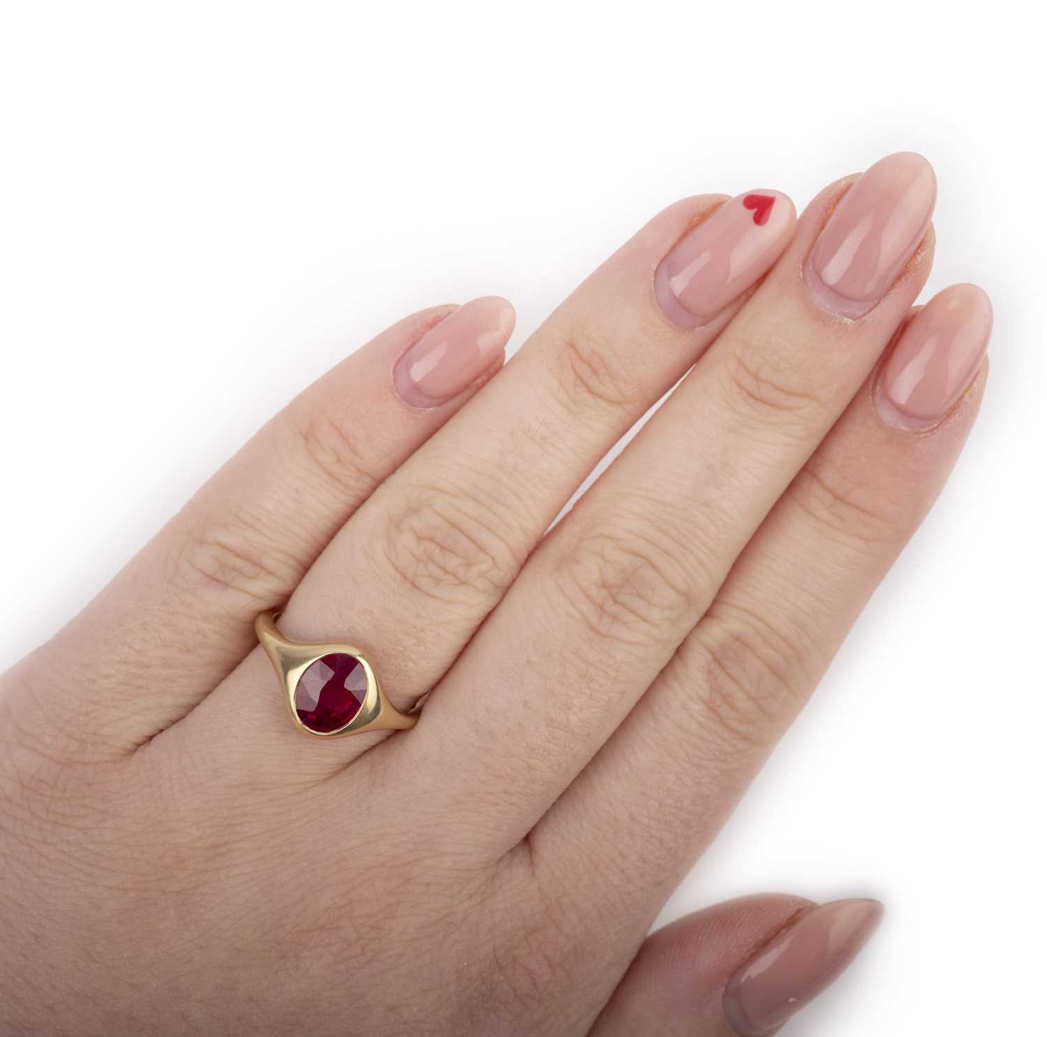 A ruby single-stone ring, rubover-set with an oval ruby weighing 2.09 carats, to a tapering gold - Image 3 of 4