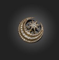 A diamond brooch, designed as the Islamic symbol of the crescent moon and star, set with rose-cut