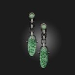 A pair of Art Deco jadeite, lacquer and diamond earrings, 1920s, each of pendent design, composed of