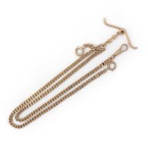 A gold watch chain, early 20th century, of curb linking, suspending a T-bar pendant, length 53.