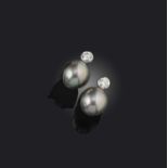 A pair of cultured pearl and diamond earrings, each composed of a large cultured pearl of grey