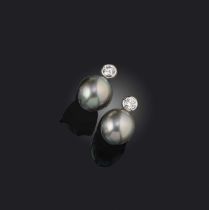 A pair of cultured pearl and diamond earrings, each composed of a large cultured pearl of grey