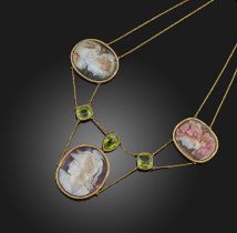 A hardstone cameo and peridot necklace, early 19th century composite, the front set with three agate