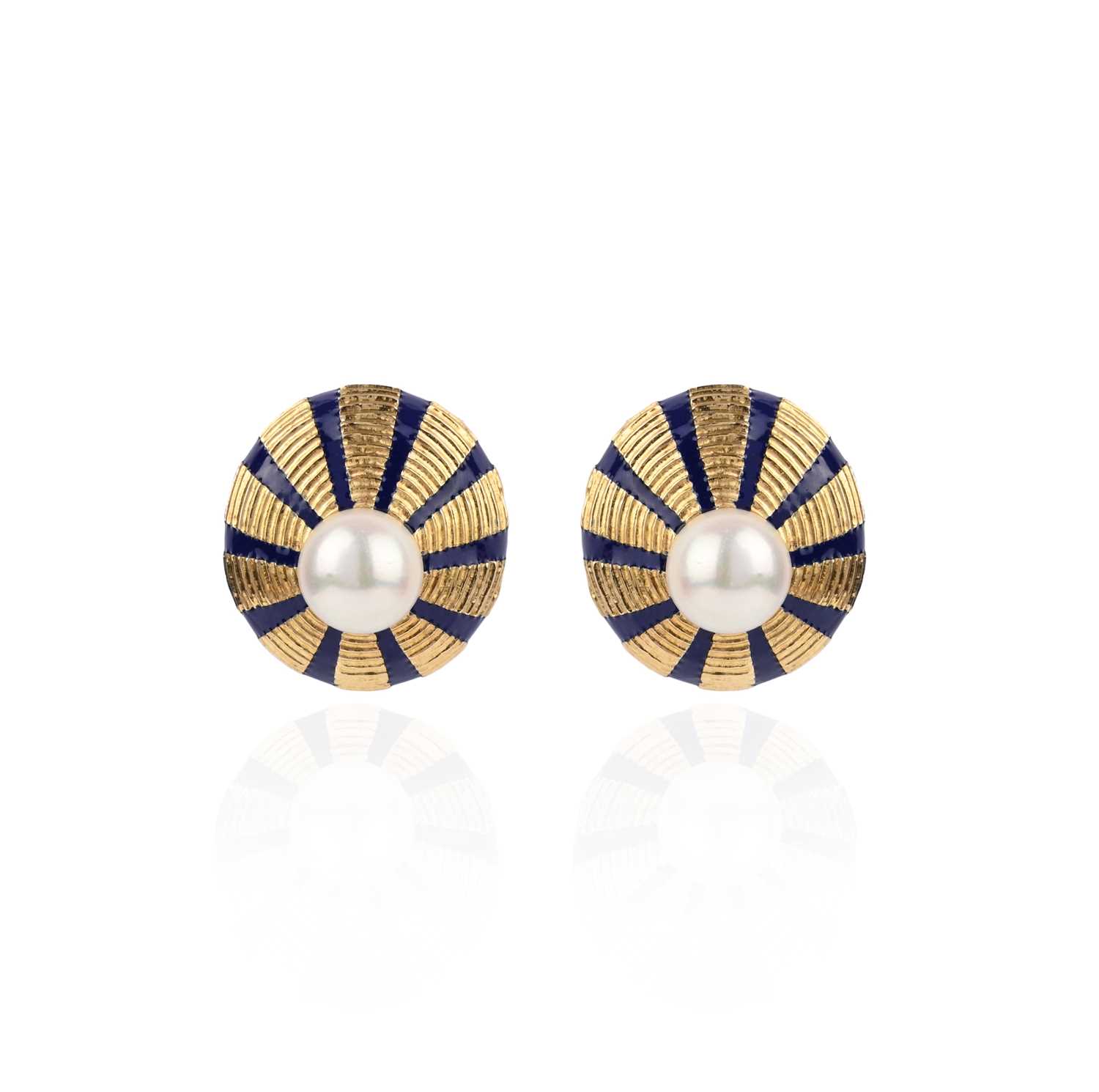 Tiffany & Co., a pair of cultured pearl and enamel ear clips, circa 1994, each of oval outline in