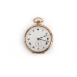 A 9ct gold open-faced fob watch, plain white dial with Roman numerals and subsidiary seconds dial,