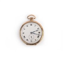 A 9ct gold open-faced fob watch, plain white dial with Roman numerals and subsidiary seconds dial,