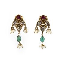 A pair of gem-set, pearl and diamond earrings, India, each composed of a cluster of a cabochon