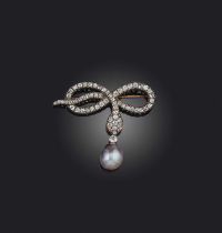 A pearl and diamond brooch, 19th century, in the form of a stylised snake set with cushion-shaped