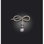 A pearl and diamond brooch, 19th century, in the form of a stylised snake set with cushion-shaped