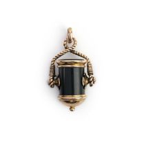 A gold and bloodstone pounce pot charm, 19th century, the cylindrical vessel in polished bloodstone,