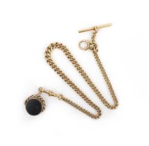 A gold watch chain and hardstone fob, late 19th century, the watch chain composed of graduated