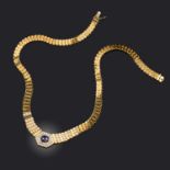 A sapphire and diamond gold necklace, of graduated fancy linking centring on a hexagonal diamond