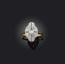 A diamond cluster ring, of openwork geometric design, set with diamonds totalling approximately 0.85
