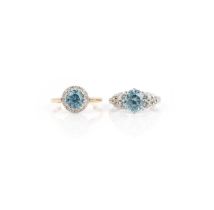 Two zircon and diamond rings, each set with a brilliant-cut blue zircon and single-cut diamonds,