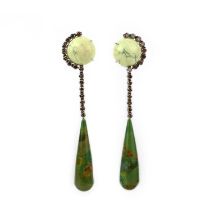 A pair of hardstone and diamond ear clips, each of pendent design, designed as a cabochon of green