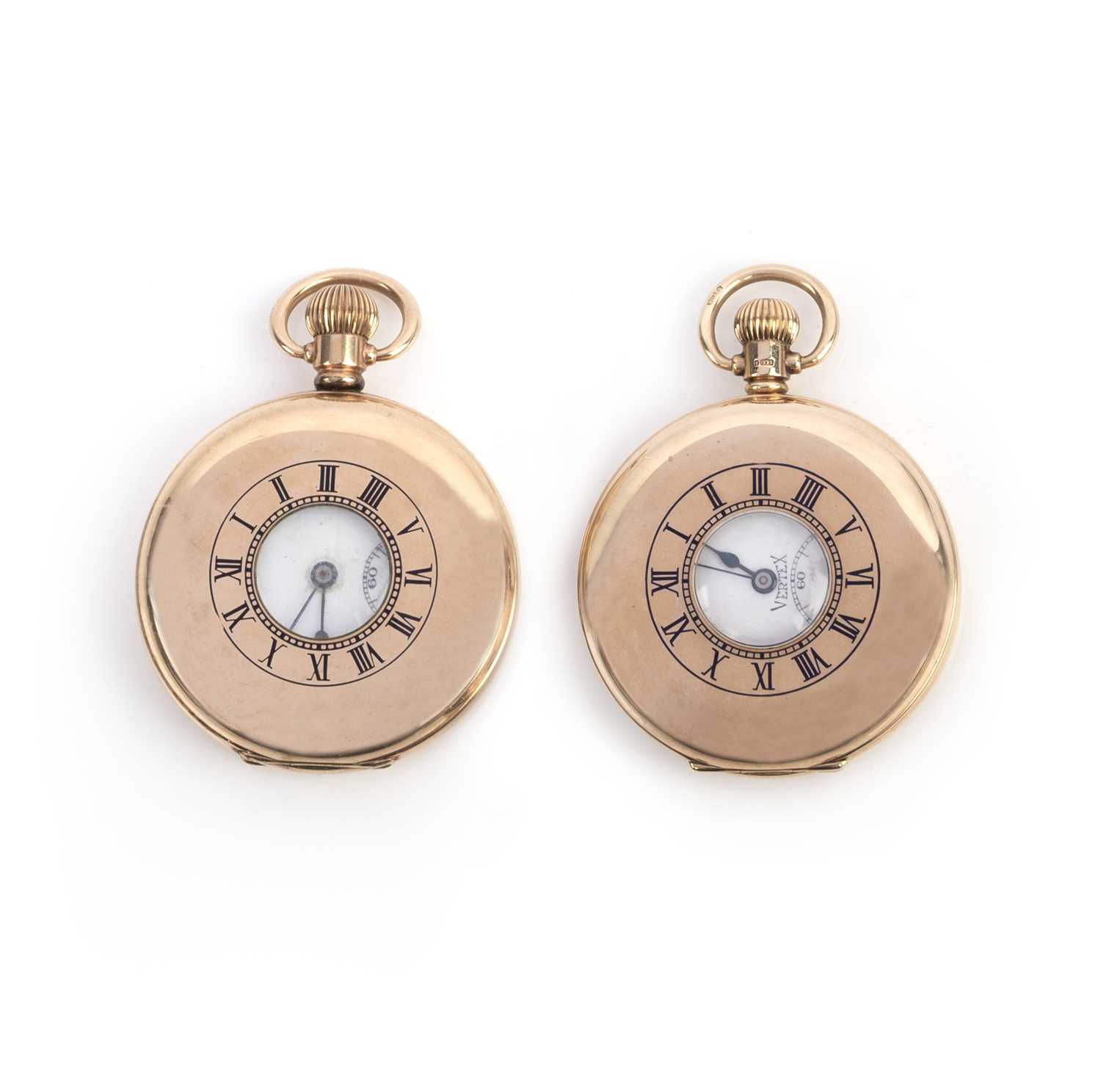 Two pocket watches, comprising: a 9ct gold half hunter pocket watch by Vertex, length 6.8cm