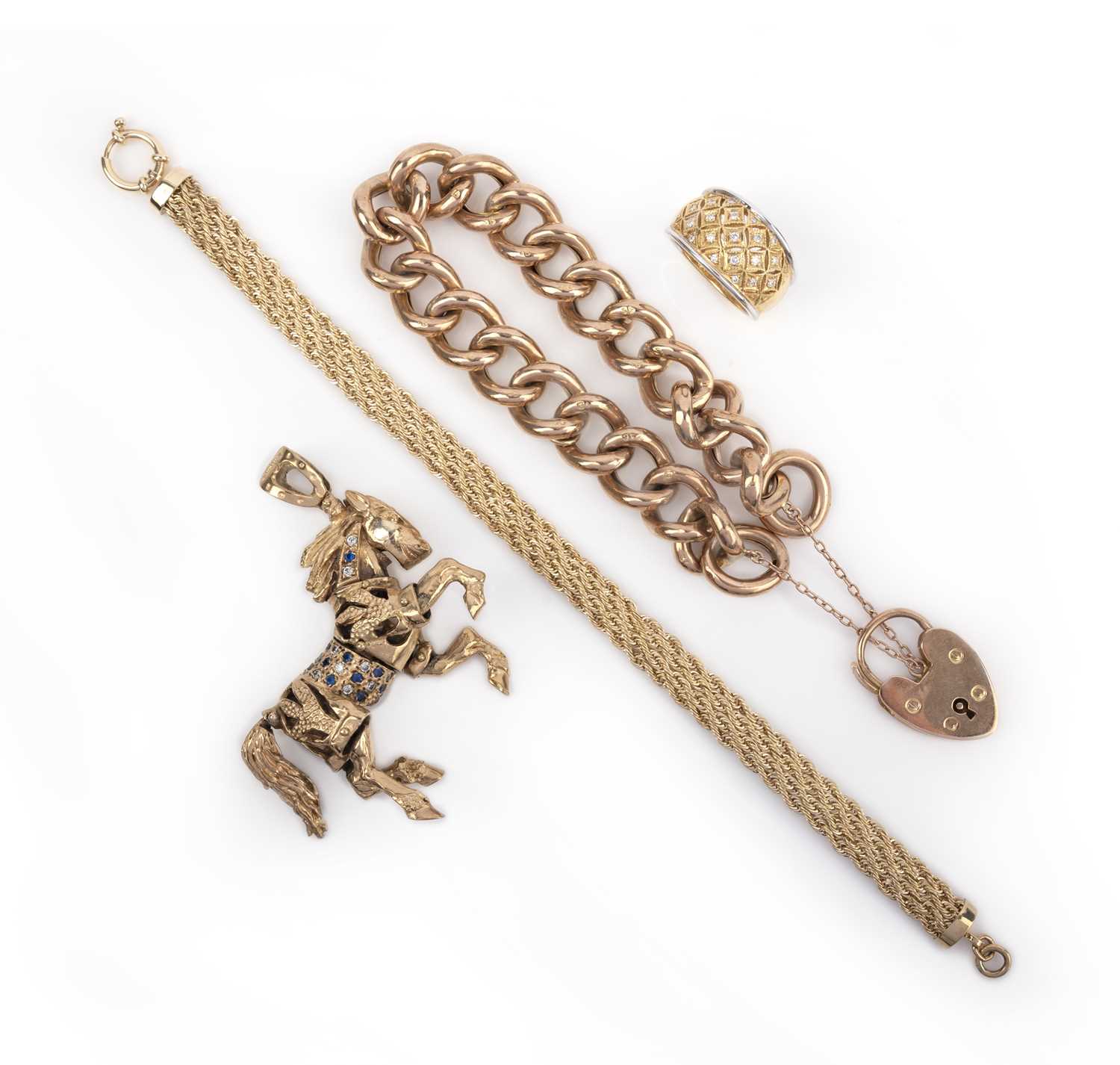 A 9ct gold curb-link bracelet, 20cm long, with a 9ct gold articulated horse pendant, a 10ct gold