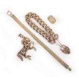 A 9ct gold curb-link bracelet, 20cm long, with a 9ct gold articulated horse pendant, a 10ct gold