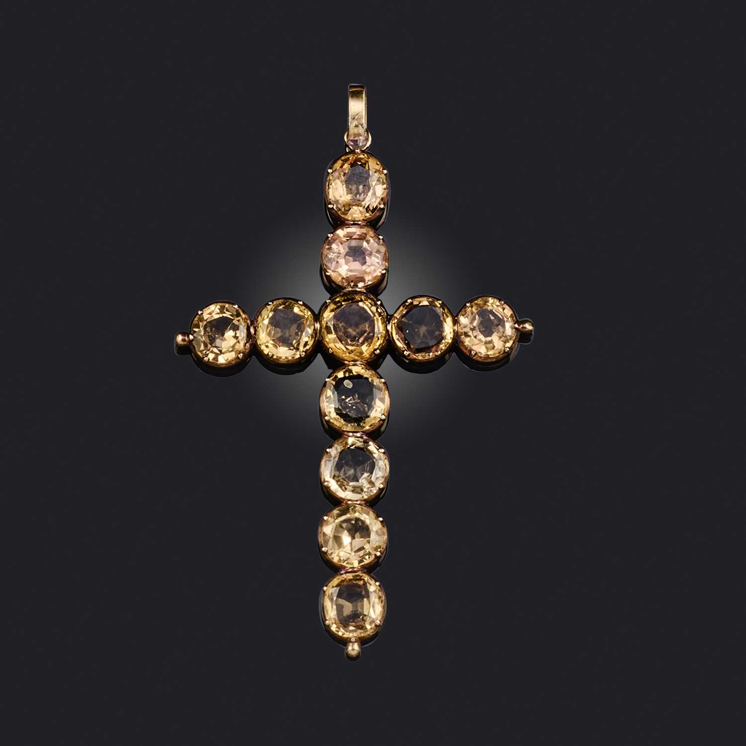 An early 19th century gold cross pendant, set with circular-cut topaz in gold collets, later pendant