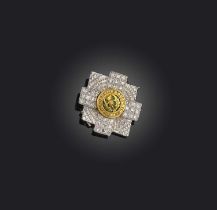 A Regimental brooch for the Scots Guards, set with single-cut diamonds and green enamel on yellow