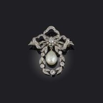 A natural pearl and diamond brooch, circa 1910, designed in the 'garland style', composed of a