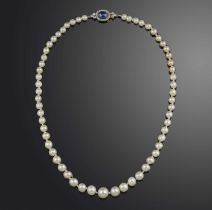 A natural pearl, sapphire and diamond necklace, early 20th century, designed as a single strand of