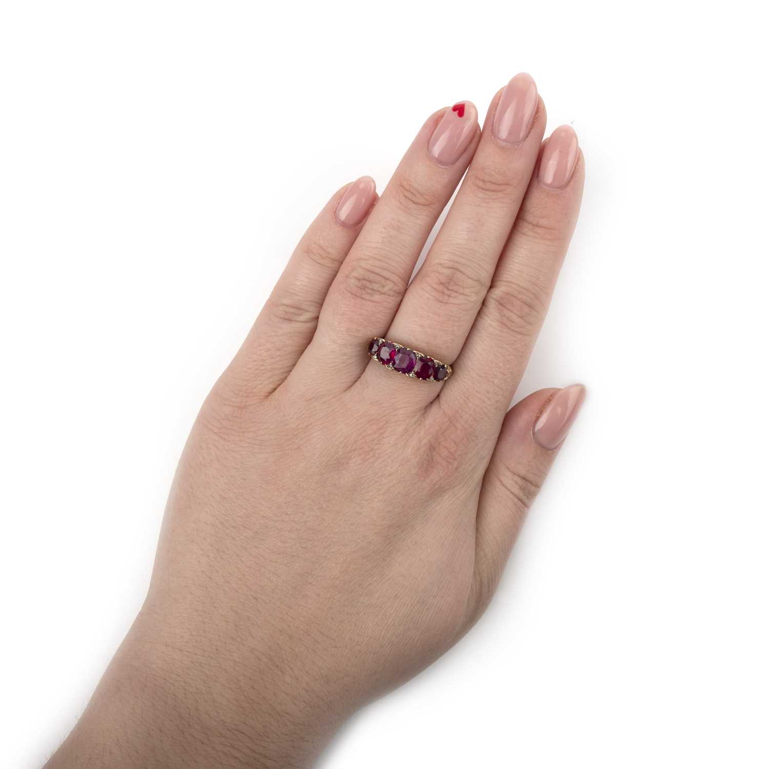 A late 19th century ruby five stone ring, set with graduated cushion-shaped rubies and diamond - Image 2 of 2